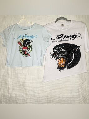 2 ED HARDY Shirts XL-Baby Doll Tee Crop Top+Vtg Y2K Baggy Retro Biker Rhinestone